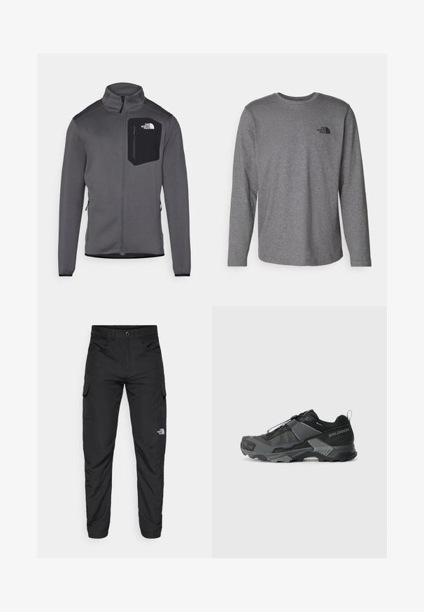 Chaqueta de forro polar gris con cuello alto, cierre frontal con cremallera y bolsillo en el pecho negro. Cuenta con puños elásticos y cremalleras laterales para ajustar.; The North Face M L/S SIMPLE DOME TEE - Camiseta de manga larga - medium grey heather; The North Face HORIZON PANT - Pantalones montañeros largos - black; Zapatilla de trail running negra con parte superior de malla duradera, puntera reforzada, suela de goma texturizada y sistema de cordones elásticos para un ajuste seguro.