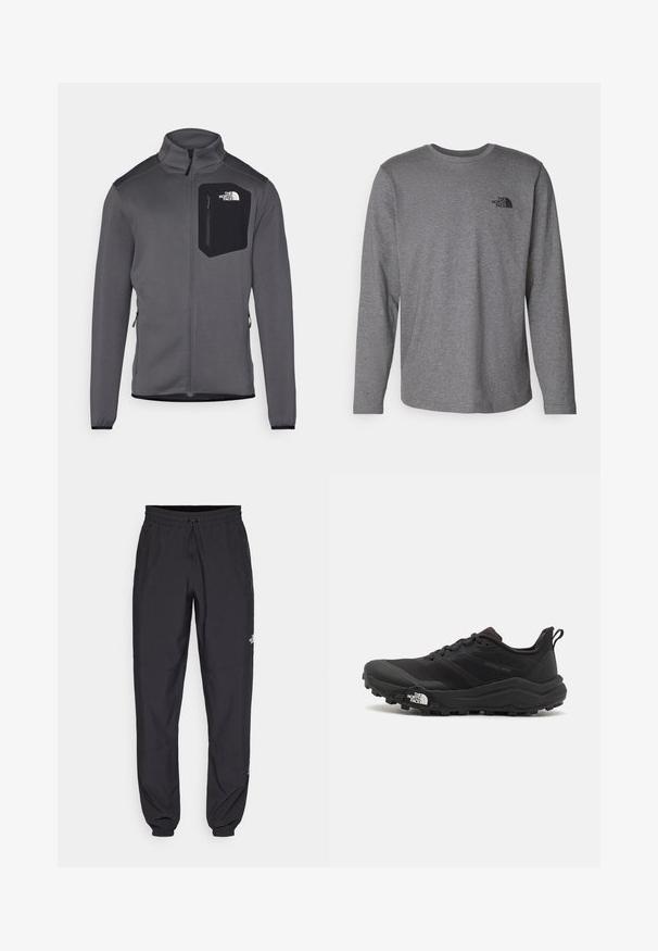 Giacca in pile grigia con colletto alto, chiusura con zip e tasca sul petto nera. Presenta polsini elasticizzati e zip laterali per la regolabilità.; The North Face M L/S SIMPLE DOME TEE - Maglietta a manica lunga - medium grey heather; Pantaloni sportivi neri realizzati in tessuto leggero, con vita regolabile con cordino, tasche laterali e orli affusolati alle caviglie.; Scarpa da trail running nera con tomaia texture, suola in gomma e punta rinforzata. Presenta un collare imbottito e un tassello per un indossamento facile.