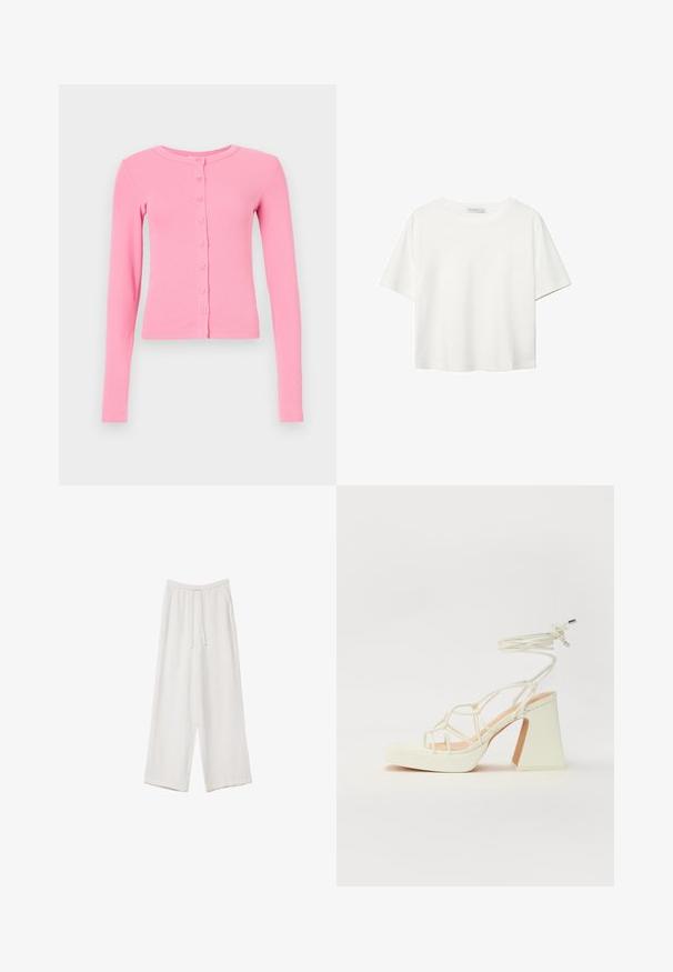 JJXX JXFIFI RIB CARDIGAN - Kardigán - morning glory; Biela krátkopsová tričko vyrobené z bavlny. Má okrúhly výstrih a voľný strih. Hladká textúra bez viditeľných vzorov alebo akcentov.; Biele široké nohavice vyrobené z ľahkej tkaniny. Obsahujú elastický pás so sťahovacou šnúrkou a bočné vrecká. Hladká textúra.; Biele sandále na vysokom opätku s hrubým podpätkom, s pruhovaným dizajnom a viazaním na členku. Hladký povrch s platformou vpredu pre zvýšenú výšku.