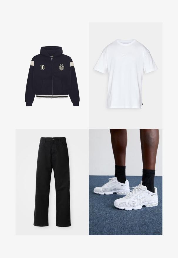 Navy blue zip-up hoodie with hood, white stripes on sleeves and hem, "10" patch on left chest, and circular emblem with two stars on right chest.; White cotton t-shirt with short sleeves and a round neck. Features a small, subtle Nike logo on the chest and a side label.; Black denim pants with a straight cut, featuring front pockets, a zip fly, and a single top button. Textured fabric with a matte finish.; White athletic shoes with mesh upper, textured accents, and cushioned sole. Paired with black ribbed ankle socks on a blue carpeted surface.