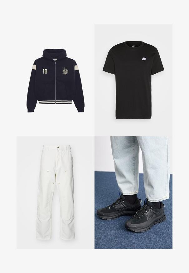 Navy blue zip-up hoodie with hood, white stripes on sleeves and hem, "10" patch on left chest, and circular emblem with two stars on right chest.; Black cotton T-shirt with short sleeves, round neck, and a small white Nike logo on the upper left chest. Smooth texture. Classic fit.; White cotton cargo pants with a relaxed fit. Features include front pockets, gold hardware accents, and reinforced knee sections.; Black athletic shoes with textured fabric and rubber soles, featuring elastic laces and a blue accent on the heel. Worn with light denim pants.
