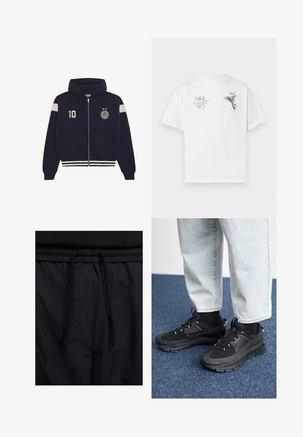Sudadera con cremallera color azul marino con capucha, con franjas blancas en las mangas y el dobladillo, parche con el número "10" en el lado izquierdo del pecho, y emblema circular con dos estrellas en el lado derecho del pecho.; Camiseta blanca de algodón con un estampado gráfico negro de una figura alada y texto, con cuello redondo y mangas cortas.; Pantalones cortos negros con cinturilla ajustable, tejido ligero con una textura suave y un diseño sencillo sin logotipos visibles ni patrones.; Zapatillas deportivas negras con tejido texturizado y suelas de goma, con cordones elásticos y un acento azul en el talón. Combinadas con pantalones de mezclilla claros.