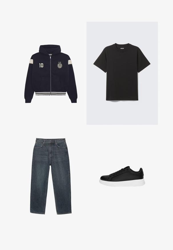 Marineblauwe zip-up hoodie met capuchon, witte strepen op de mouwen en zoom, '10' patch op de linkerkant van de borst, en een cirkelvormig embleem met twee sterren op de rechterkant van de borst.; Zwart T-shirt met korte mouwen gemaakt van zachte katoen, met een ronde halslijn en een eenvoudig ontwerp zonder patronen of accenten.; Donkerblauwe denim jeans met een recht model, vijf zakken, riemlussen en subtiele vervaging in het materiaal. Gestikt zoomdetail.; Zwarte sportieve sneaker met een gladde leren structuur, witte rubberen zool, ronde neus en een vetersluiting met zes oogjes.