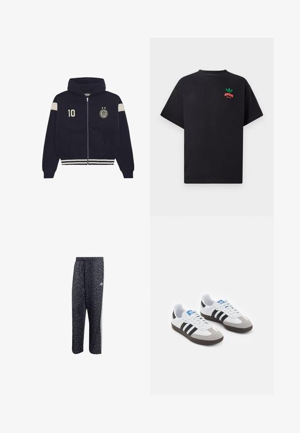 Mornarice plavi dukserica na zipper s kapuljačom, bijele pruge na rukavima i donjem rubu, zakrpa "10" na lijevoj strani prsnog koša i okrugli emblem s dvije zvijezde na desnoj strani prsnog koša.; Crna pamučna majica kratkih rukava s zelenim i crvenim Adidas logotipom na prsima. Jednostavan, opušteni kroj.; Crne sportske hlače s uzorkom leopard tiska, s bijelim dizajnom u tri pruga i logotipom sportske marke sa strane.; Sportske cipele s gornjištem od bijele kože, sivi suedinasti nos i tri crne pruge. Imaju plavi logo na jeziku i teksturiranu gumenu podlogu.