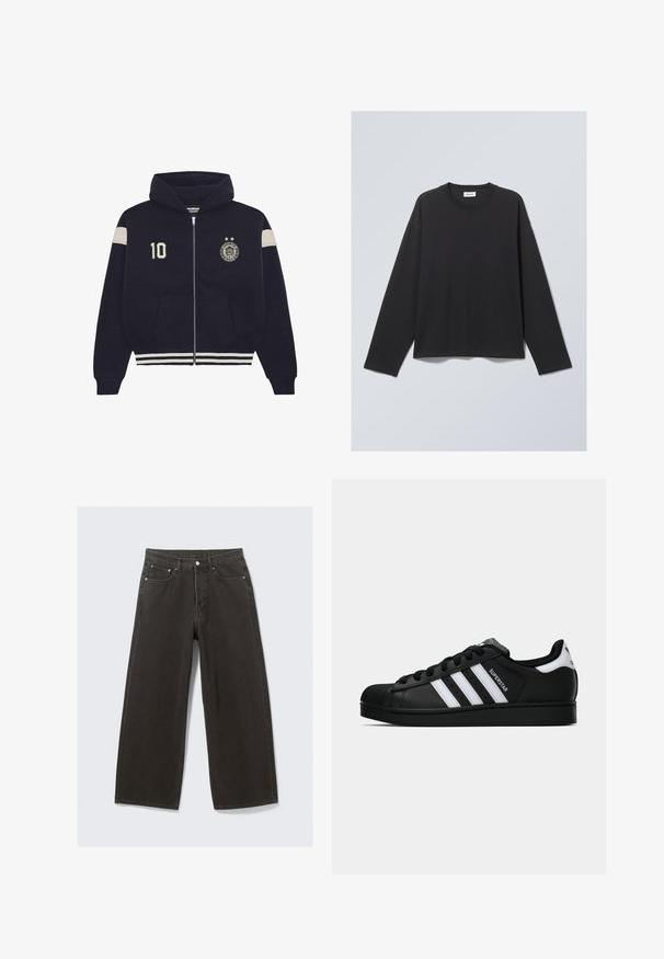 Tumed sinise kapuutsiga jaki tõmblukk, valged triibud varrukatel ja hemil, "10" randmeplekk vasakul rinnaosas ning ringikujuline embleem kahe tähega paremal rinnaosas.; Must küllidega T-särk, mis on valmistatud pehmest kangast. Omab ümmargust kaelust ja vabamat lõiget. Õlavarre õmblused ja minimalistlik disain.; Laiad mustad teksad omavad kõrge vöökoha, viit taskut ja nööbiga sulgemist. Kangas on pehme ja tekstuuriga viimistlusega.; Mustad musta värvi Adidas Superstar toss, millel on valged triibud, koonuseline varvas ja küljes "Superstar" tekst, esitatud külgvaates valgel taustal.