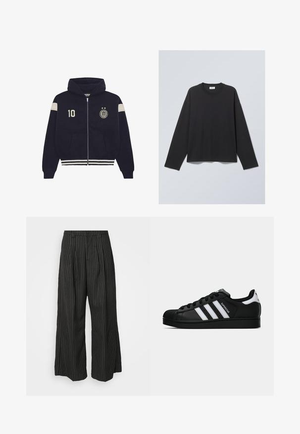 Marineblauwe zip-up hoodie met capuchon, witte strepen op de mouwen en zoom, '10' patch op de linkerkant van de borst, en een cirkelvormig embleem met twee sterren op de rechterkant van de borst.; Zwarte longsleeve T-shirt van zachte stof. Heeft een ronde hals en een relaxte pasvorm. Naadtoeslagen op de schouders, minimalistisch ontwerp.; Zwarte gestreepte wijde broek met plooien, met een op maat gemaakt ontwerp en een zachte textuur. Geen zichtbare hardware of accenten.; Zwarte Adidas Superstar sneaker met witte strepen, schelpneus en 'Superstar' tekst aan de zijkant, afgebeeld in zijaanzicht op een witte achtergrond.