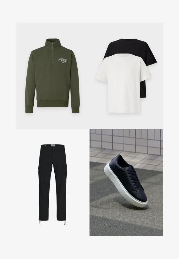 Donkergroene pullover sweatshirt met een hoge kraag, kwart rits, ribgebreide manchetten en een klein wit logo op de linkerkant van de borst. Soepele textuur.; Katoenen T-shirt set met een zwarte top en een witte top, beide met korte mouwen, ronde hals en een standaard pasvorm. Textuurstof.; Zwarte cargobroek met een rechte snit, voorzien van zijzakken, een knoopsluiting en elastische trekkoorden bij de enkels. Gemaakt van duurzame stof.; Zwarte leren sneaker met een ronde neus en een witte rubberen zool. Voorzien van platte veters en minimale stiksels op het bovenwerk. Textuurrijke zool voor grip.