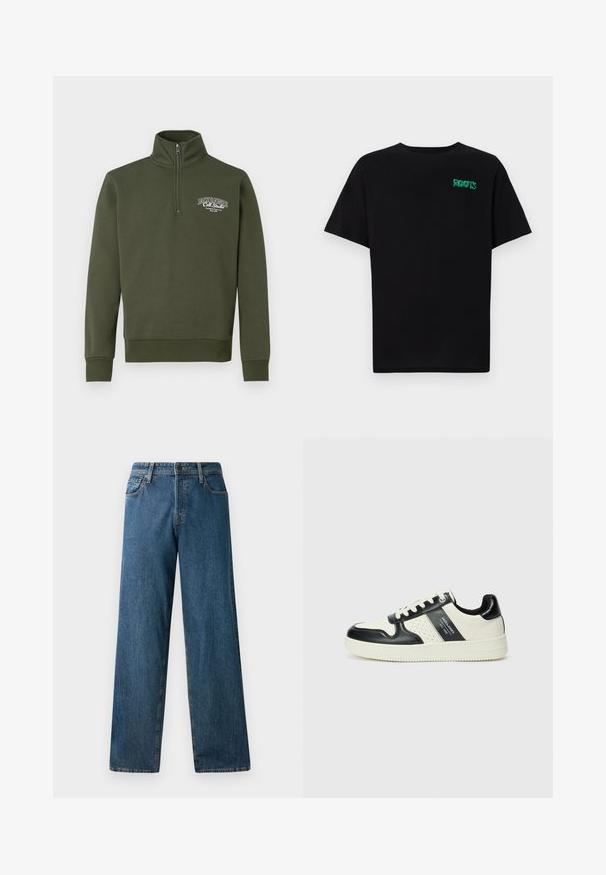 Felpa a manica lunga verde scuro con colletto alto, zip a un quarto, polsini a costine e un piccolo logo bianco sul lato sinistro del petto. Texture liscia.; T-shirt nera in cotone con maniche corte. Presenta un logo verde "ROOTS" sulla parte frontale, colletto rotondo e vestibilità standard.; Jeans in denim blu scuro con vestibilità rilassata, gamba dritta, cinque tasche e cuciture a contrasto. Presentano una chiusura frontale con bottone e zip.; Sneakers in pelle con una combinazione di colori nero e crema, dotati di dettagli perforati, collare imbottito e suola testurizzata.