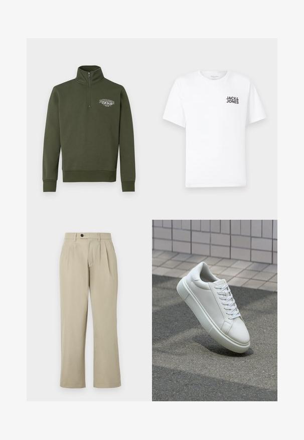 Sweatshirt pullover verde-escuro com gola alta, fecho de correr de um quarto, punhos canelados e um pequeno logótipo branco no lado esquerdo do peito. Textura suave.; T-shirt de algodão branco, mangas curtas, com decote redondo. Apresenta o logotipo em texto preto "JACK & JONES" na área do peito esquerdo. Design simples e liso.; Calças bege com corte descontraído, apresentando pregas, fecho de botão, bolsos laterais e pernas retas. Textura de tecido suave.; Tênis de couro branco com superfície lisa, bico redondo e cadarços brancos planos. Apresenta uma sola de borracha texturizada e elementos de design minimalistas.