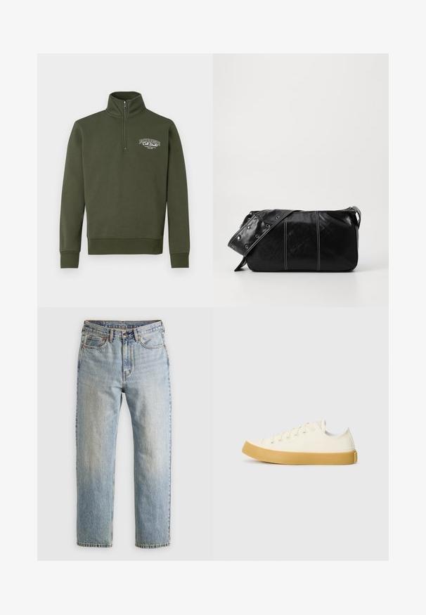 Tume roheline pullover-sweater kõrgema kraega, veeranditõmbega, soonikkoes mansettide ja väikese valge logoga vasakul rinnal. Sile tekstuur.; Beige puuvillane T-särk ümmarguse kaeluse ja lühikeste varrukatega. Rinnal on peene "Levi's" logo samas värvis. Pehme tekstuur.; Heledad hele sinine teksapükste kõrge vöökoht, ees nupuga, lukuga ja viie taskuga disain, asetatud tasasele neutraalsele taustale.; Kangasneakerid kreemjas valges, ümmarguse varbaga, beeži kummitaldaga ja viie silmaga paelte jaoks, tekstuurse viimistlusega ülaserv.; Must mustra nahkainine õlakott, millel on tõmblukk, tekstureeritud pind, valged õmblused ja rihm hõbedaste rõngastega.