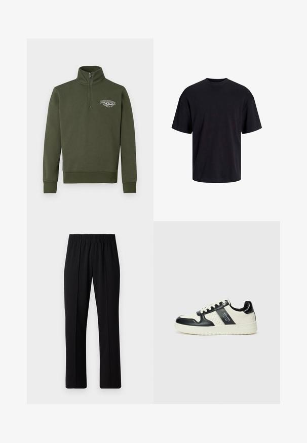 Felpa a manica lunga verde scuro con colletto alto, zip a un quarto, polsini a costine e un piccolo logo bianco sul lato sinistro del petto. Texture liscia.; T-shirt in cotone nero con collo rotondo, maniche corte e vestibilità morbida. Texture liscia senza pattern o dettagli visibili.; Pantaloni neri con vita elasticizzata e design a gamba dritta, caratterizzati da una texture liscia e senza motivi o hardware visibili.; Sneakers in pelle con una combinazione di colori nero e crema, dotati di dettagli perforati, collare imbottito e suola testurizzata.