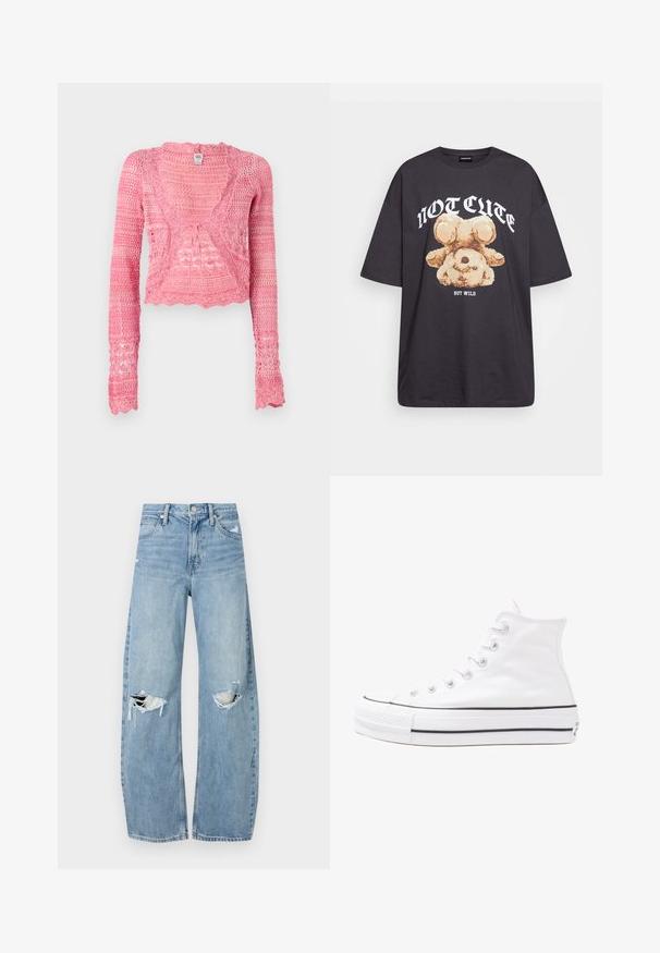 Kvačkana jopica v svetlo roza barvi, z dolgimi rokavi, V-izrezom in valovitimi robovi. Narejena iz teksturiranega, odprto pletenega materiala.; Črna oversized majica s kratkimi rokavi, na kateri je grafika medveda z besedilom „NI SRČKAN VKLJUČNO Z DIVJIM“ v poudarjenem belem tisku. Material: bombaž.; Svijetloplave traperice visoki struk. Imaju široke nogavice, dva poderana područja na koljenima i klasičan petotoksi stil.; Beli visoki platneni športni čevelj z črnim gumijastim podplatom, sprednjim gumijastim zaščitnikom za prste in šestimi luknjicami za vezalke, ki se ponaša s preprostim, minimalističnim dizajnom.