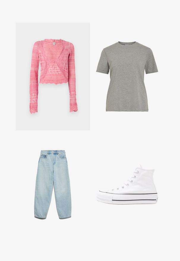 Heklet cardigan i lyserød, med lange ærmer, V-hals og bølgede kanter. Fremstillet af tekstureret, åbent strikket materiale.; Grå bomulls-T-skjorte med klassisk rund hals, korte ermer og en glatt tekstur, egnet for uformell bruk.; Lys blå denimjeans med avslappet passform, høy midje og vide ben, med en lett falmet tekstur og klassisk femlommers design.; Hvit høy-skinn kanvas sneakers med svart gummisåle, gummitåhette foran og seks hull for snorer, med et rent, minimalistisk design.
