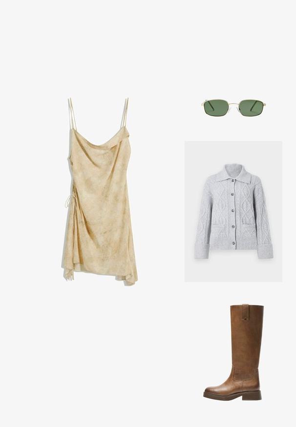 Hellgrauer Kabelstrick-Cardigan mit einem Kragen, Knopfverschluss, gerippten Bündchen und vorderen Taschen. Weiche Textur und gemütliches Design.; Beiges Slip-Kleid mit dünnen Trägern, einem drapierten Ausschnitt und asymmetrischem Saum. Verfügt über ein Bindedetail auf einer Seite und einen weichen, strukturierten Stoff.; Braunes Leder-Knöchelhochstiefel mit abgerundetem Zeh, strukturiertem Obermaterial und niedrigem, gestapeltem Absatz. Verfügt über ein seitliches Einsätzen und eine Ziehschlaufe an der Oberseite.; Sonnenbrille mit einem goldenen Metallrahmen, grünen Gläsern, rechteckiger Form und klaren Kunststoff-Nasenpads. Dünne, schlanke Bügel mit minimalistischem Design.