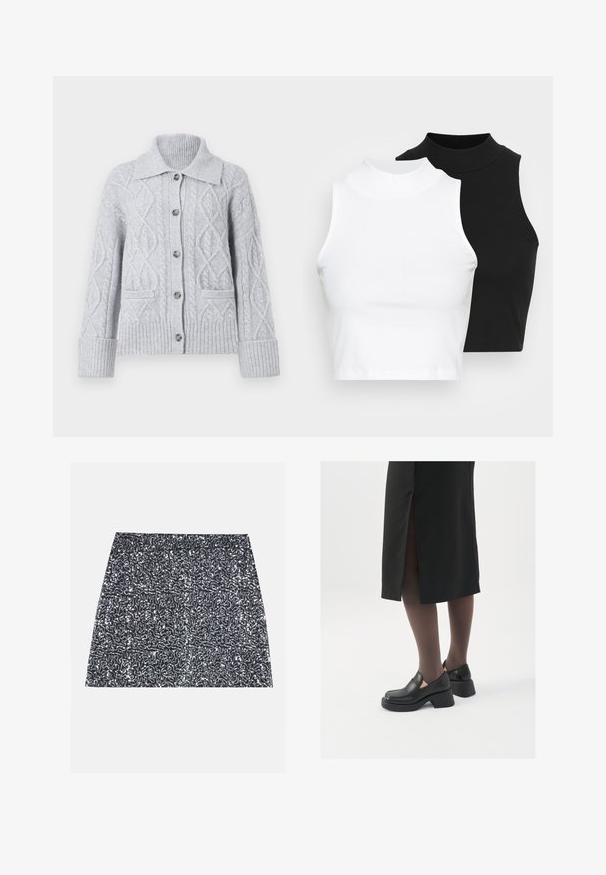 Svetlo šedý pletený kardigán s golierovým výstrihom, zapínaním na gombíky, žebrovanými manžetami a prednými vreckami. Mäkka textúra a pohodlný dizajn.; Dve bezrukávové rebrované roláky v čiernej a bielej farbe, pričom majú priliehavý strih a hladkú textúru, s krátkou dĺžkou.; Strieborná mini sukňa s flitrami s textúrovaným vzorom a rovný strih. Tkanina vyzerá lesklá a odrazivá.; Čierne kožené topánky s okrúhlou špičkou, silným blokovým opätkom a elastickými bočnými akcentmi, skombinované s tmavými pančuchami a čiernou sukňou so štiepením.