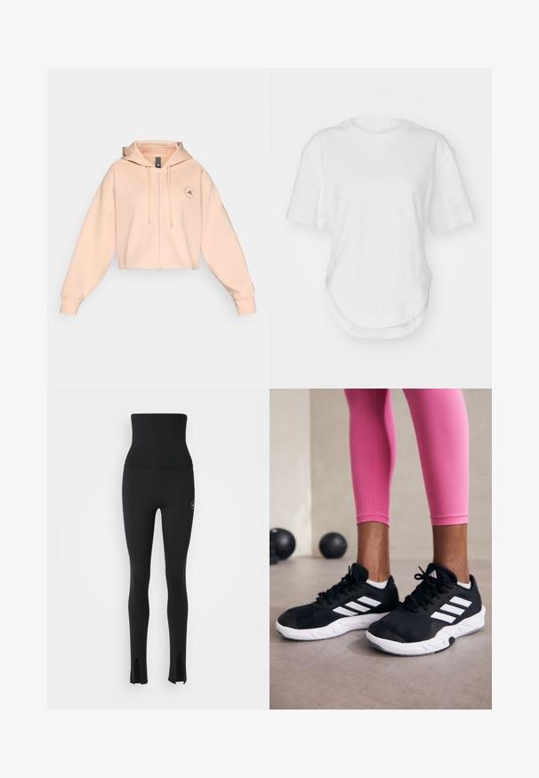 Skraćena breskvasta dukserica s prednjim patentnim zatvaračem, špagicama i kružnim logom na lijevoj strani grudi, s mekom teksturom i opuštenim krojem.; Bijela pamučna majica s okruglim izrezom, kratkim rukavima i zakrivljenim rubom. Glatka tekstura bez uzoraka ili dodataka.; adidas by Stella McCartney Tajice - black; Crne atletske cipele s bijelim prugama, gornji dio od teksturirane mrežaste tkanine i bijelim potplatom. Nošene uz ružičaste tajice, prikazujući trenirku.