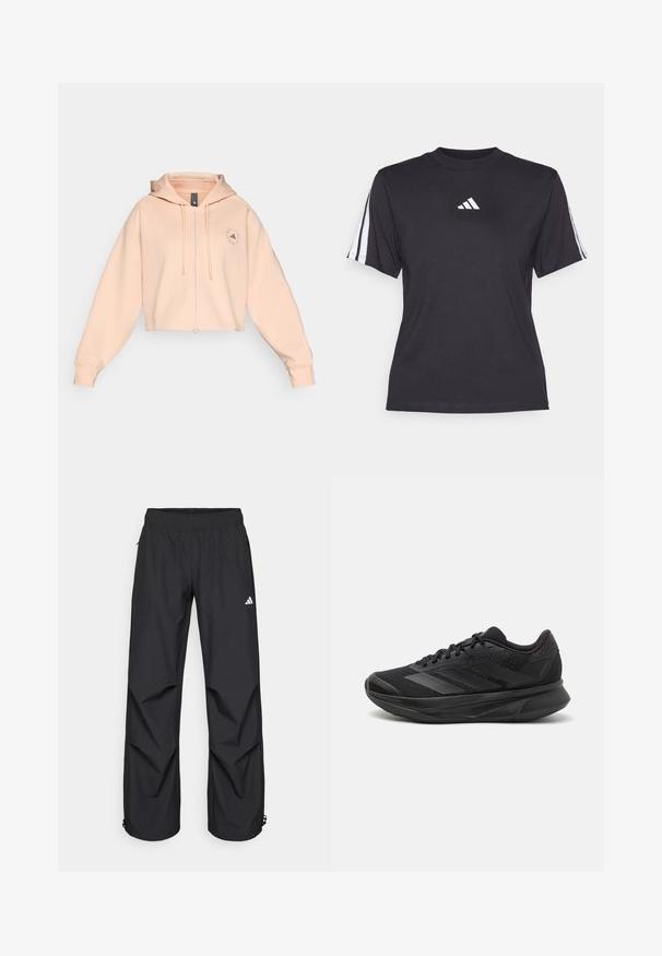 Cropped peach hoodie with a front zipper, drawstrings, and a circular logo on the left chest, featuring a soft texture and relaxed fit.; Black athletic t-shirt made of soft fabric, featuring a crew neckline, short sleeves, and three white stripes on each shoulder. White logo on chest.; Black, lightweight, waterproof pants with an elastic waistband, side pockets, and adjustable cuffs. Features a white logo on the left thigh.; Black running shoe with a breathable mesh upper, rounded toe, sleek design, textured accents, and a cushioned sole for comfort.