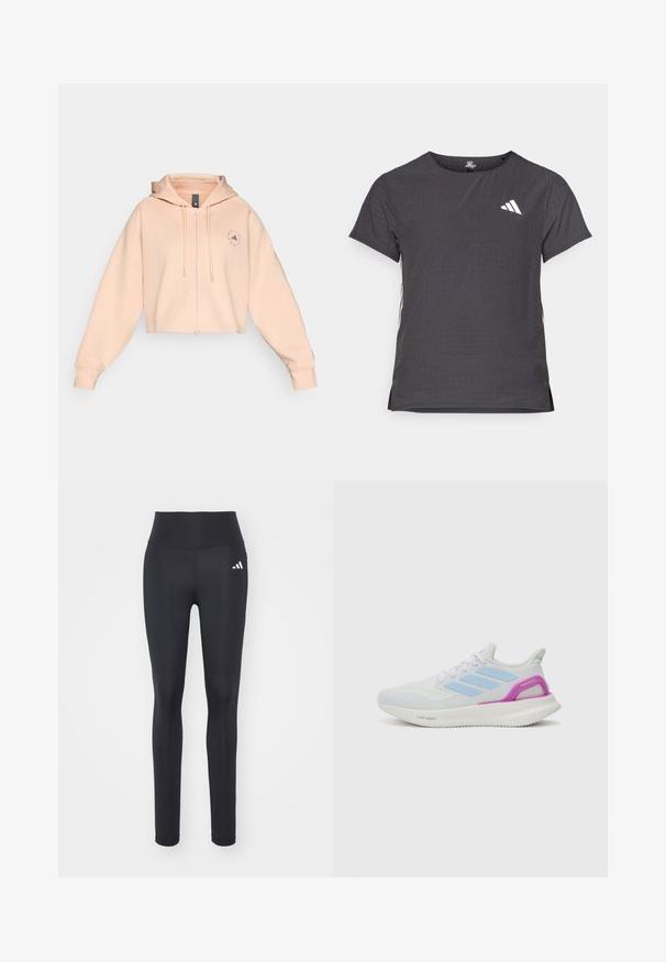 Skraćena breskvasta dukserica s prednjim patentnim zatvaračem, špagicama i kružnim logom na lijevoj strani grudi, s mekom teksturom i opuštenim krojem.; Majica kratkih rukava za sport, tamno siva s perforiranim uzorkom. Ima bijeli logo i kontrastne bočne pruge. Zaobljeni izrez.; Crne atletske tajice izrađene od rastezljivog materijala, s visokim pojasom i bijelim logotipom brenda na lijevoj bok.; adidas Performance PUREBOOST 5 - Tenisice za cestovno trčanje - white/glow blue/purple burst