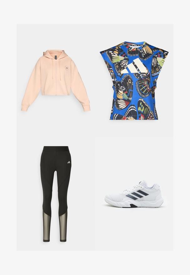 Cropped peach hoodie with a front zipper, drawstrings, and a circular logo on the left chest, featuring a soft texture and relaxed fit.; Blue short-sleeve shirt featuring a vibrant butterfly print in various colors, with a large white logo on the front and a round neckline.; Black athletic leggings with a high waistband, featuring mesh accents on the lower legs and an embroidered logo on the hip.; White athletic shoe with mesh upper, three black stripes on the side, textured accents, and a sturdy rubber sole with a contrasting black section.