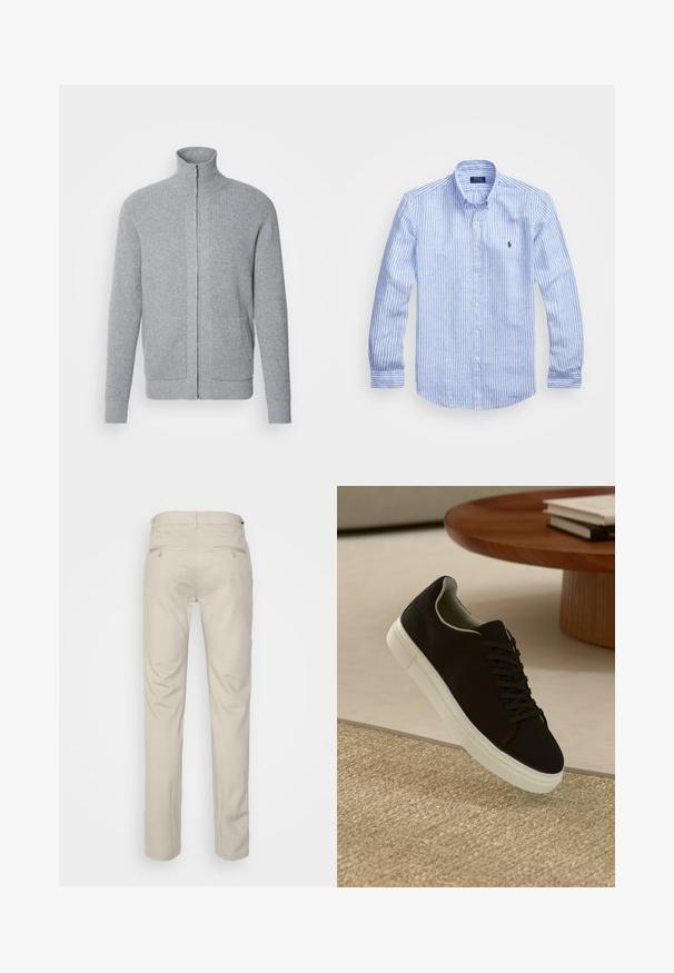 INDICODE JEANS Kardigán - grey mix; Kék és fehér csíkos, hosszú ujjú pamut ing, gombos gallérral, elől gombokkal és egy kis hímzett logóval a mellkason.; Beige nadrág sima felülettel, egyenes szabással, két gombos hátsó zsebbel és normál derékrésszel.; Fekete sneakers fehér talppal lebeg egy bézs textúrájú szőnyeg felett, egy kerek fából készült asztal közelében, rajta egymásra pakolt könyvekkel.