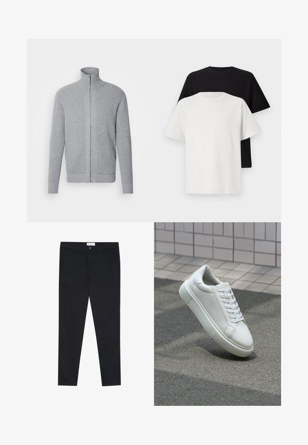 INDICODE JEANS Cardigan - grey mix; Set di t-shirt in cotone composto da una maglietta nera e una bianca, entrambe con maniche corte, scollatura rotonda e vestibilità standard. Tessuto testurizzato.; Pantaloni neri con un design a gamba dritta, realizzati in tessuto di cotone. Presentano due tasche frontali e una chiusura con bottone in vita.; Sneaker bianco in pelle con superficie liscia, punta rotonda e lacci piatti bianchi. Presenta una suola in gomma texturizzata e un design minimale.