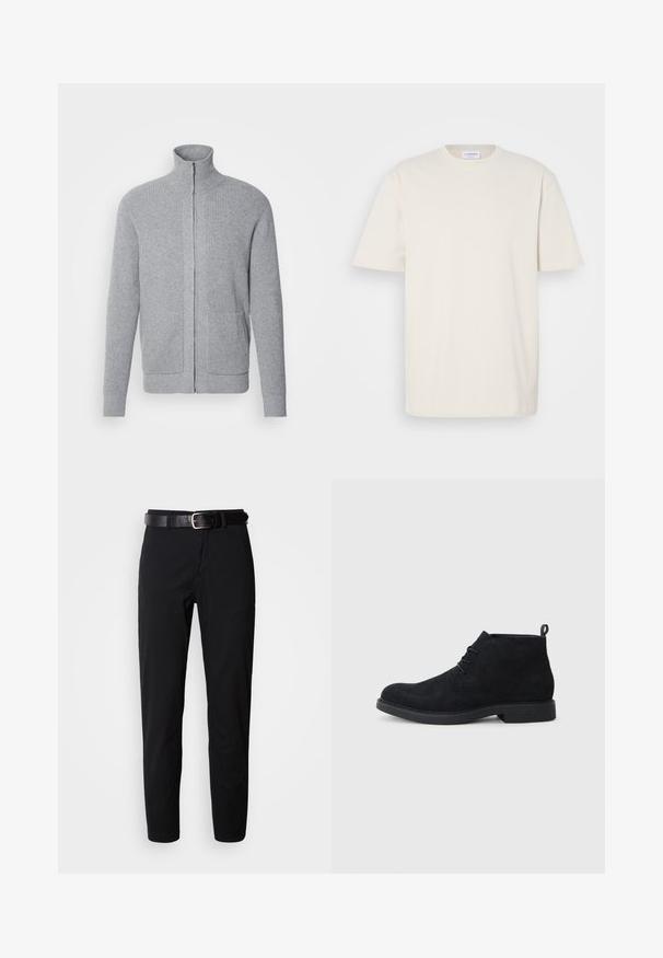 INDICODE JEANS Cardigan - grey mix; Short-sleeve t-shirt in off-white, made of cotton. Classic crew neck design with a straight cut and minimal stitching details.; Black trousers with a straight cut, featuring a smooth texture and a black leather belt with a silver buckle. Simple design, no patterns or accents.; Black suede ankle boots with a rounded toe, lace-up design, and a textured rubber sole. Features a small pull tab at the back.