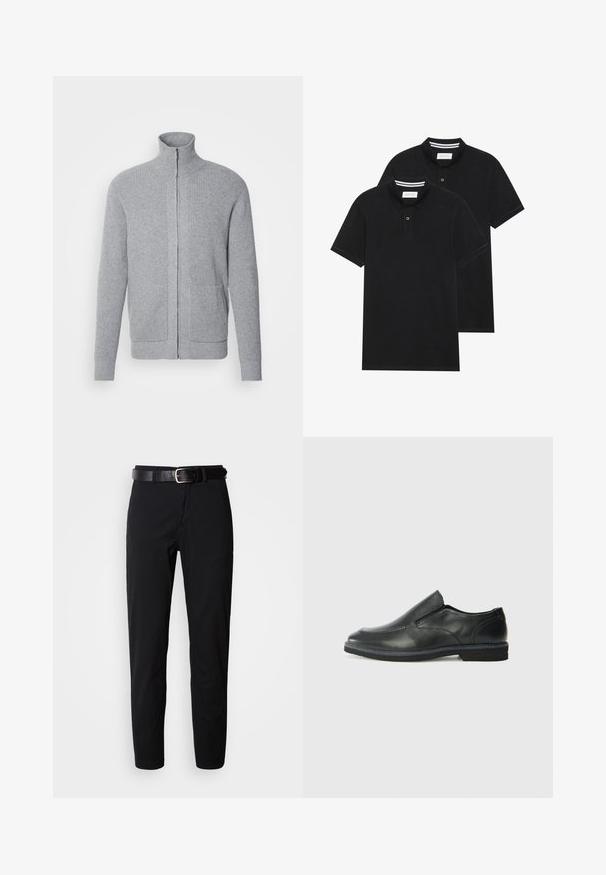INDICODE JEANS Cardigan - grey mix; Two black polo shirts, short-sleeved, cotton material, featuring a classic collar, two-button placket, and white striped accents inside the collar.; Black trousers with a straight cut, featuring a smooth texture and a black leather belt with a silver buckle. Simple design, no patterns or accents.; Black leather slip-on shoe with a smooth upper, stitched accents, rounded toe, and a low rubber heel. Sole features minimal tread.