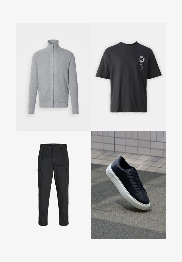 INDICODE JEANS Gilet - grey mix; T-shirt noir en coton avec des manches courtes, col rond et graphiques sur le devant d'un soleil et d'une lune, accompagné du texte "Le Soleil et La Lune."; Pantalons cargo noirs en tissu résistant, dotés de plusieurs poches, d'une fermeture par bouton et d'une coupe slim avec des jambes fuselées.; Baskets noires en cuir avec bout arrondi et semelle en caoutchouc blanc. Elles présentent des lacets plats et une couture minimale sur la tige. Semelle texturée pour une bonne adhérence.