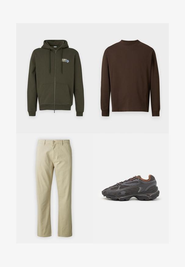 Sweatshirt verde oliva com fecho zip, feito de um tecido suave, apresentando um logótipo no lado esquerdo do peito, cordões ajustáveis e um bolso frontal tipo bolsa.; Camisa castanha de manga longa feita de um tecido suave, com decote redondo e corte reto, sem padrões ou acessórios visíveis.; Calças de algodão bejes com um design de perna reta, fecho frontal com botão e passantes para cinto. Textura suave, sem padrões ou detalhes visíveis.; Ténis Lacoste em cinza-escuro com material em malha e sintético, apresentando uma sola texturizada e detalhes castanhos na gola e na marca.