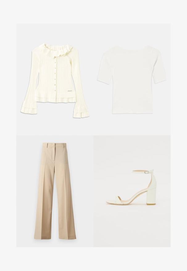 Blusa blanca de canalé con un escote con volantes, mangas largas acampanadas y botones decorativos en la parte delantera; presenta un sutil detalle de logotipo en el dobladillo.; Top blanco de manga corta acanalado con un escote amplio. La textura presenta rayas verticales, enfatizando un ajuste ceñido y un diseño sencillo.; Pantalones de pierna ancha en beige, fabricados en un tejido suave, con un frente plano con pliegues, cremallera y presillas para cinturón. Ajuste entallado en general.; Sandalía de tacón bloque blanca de piel, con una correa en el tobillo que presenta una hebilla y un diseño minimalista. Punta abierta y texturas suaves en toda la superficie.