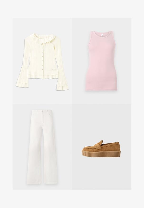 Hvid ribbet bluse med rynket halsudskæring, lange flagrende ærmer og pyntelige knapper foran; har en diskret logo-detail i kanten.; Lyserød tanktop lavet af blød og strækbar stof. Har en rund halsudskærm og smalle skulderstropper, med en glat tekstur og tætsiddende pasform.; Hvide, højtaljede bukser med bred ben lavet af denim. Har en knaplukning, to forlommer og sidesømme med syningsdetaljer.; Brune ruskinds loafers med rund tå, der har en ribbet platformssål og et dekorativt bånd henover overdelen.