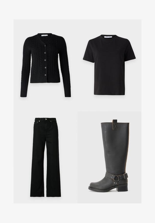 pure cashmere CLASSIC CABLE CARDIGAN - Casaco de malha - black; T-shirt preto de manga curta feito de algodão suave, com decote redondo, ajuste descontraído e uma textura suave. Sem padrões ou gráficos visíveis.; Jeans de denim preto com uma cintura alta, corte largo, apresentando um fecho frontal com botão e zip e um design clássico de cinco bolsos.; Bota preta de couro até ao joelho com um acabamento texturizado, apresentando um detalhe de fivela lateral e um salto baixo. Costura detalhada ao longo das costuras.