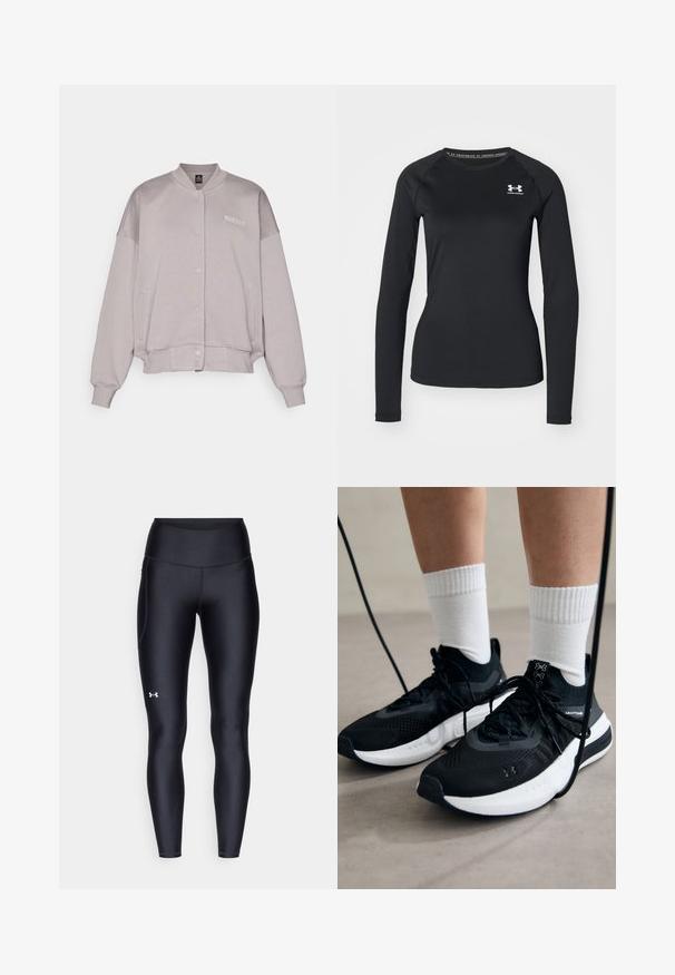 Casaco bomber cinza claro, com fecho frontal de botões, bolsos laterais, punhos canelados e um tecido suave e texturado. Detalho de marca minimalista.; Camisola atlética de manga longa preta, feita de tecido suave, com decote redondo e um pequeno logótipo branco no lado esquerdo do peito.; Leggings pretos feitos de material liso e elástico, com uma cintura alta. Apresentam um logotipo branco na coxa esquerda e um design ajustado.; Sapatilhas desportivas pretas com tecido texturizado, sola branca e atacadores pretos. Usadas com meias brancas caneladas, a pé sobre uma superfície clara.