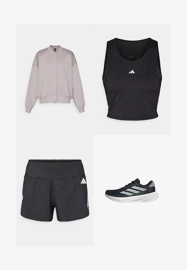 Light grey bomber jacket, featuring a buttoned front, side pockets, ribbed cuffs, and a soft, textured fabric. Minimalist branding detail.; Black sports crop top made from moisture-wicking fabric, featuring a round neck, sleeveless design, and white logo on the chest.; Black athletic shorts featuring a wide elastic waistband, lightweight fabric, and white logo accents on the lower side.; Black running shoe with mesh upper, three silver stripes, white midsole, and textured outsole. Features padded collar and lace closure.