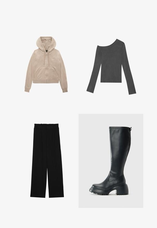Beige Zip-Up-Hoodie mit einer Fronttasche, Kapuze mit Kordelzug und gerippten Bündchen. Weicher Stoff mit einem subtilen Glanz und gesticktem Logo auf der Brust.; Grauer, langärmeliger Oberteil mit einem schulterfreien Design. Hergestellt aus weichem Stoff mit glatter Textur und einem geraden Saum.; Schwarze weit geschnittene Hose mit einem gerüschten Bund, ausgestattet mit zwei Seitentaschen und einem glatten, leichten Stoff. Keine sichtbaren Muster oder Beschläge.; Hoher schwarzer Lederstiefel mit einer robusten Plateausohle und Blockabsatz, der über eine Zuglasche und ein strukturiertes Profil an der Außensohle verfügt.