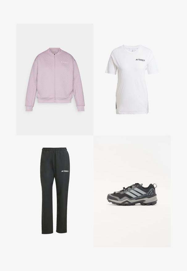 Veste bomber rembourrée de couleur rose clair, présentant un design texturé matelassé, une fermeture éclair à l'avant, des poignets côtelés et un logo discret sur la poitrine gauche.; T-shirt de sport Terrex blanc en matériau léger, avec manches courtes, accents en maille et logo noir à l'avant.; Pantalons légers noirs avec une taille élastique. Présente un logo "TERREX" subtil en blanc. Tissu lisse et design à jambes droites.; Chaussure de randonnée noire et grise avec une surface texturée, une semelle en caoutchouc et trois bandes grises proéminentes sur le côté ; équipée d'un système de laçage rapide.