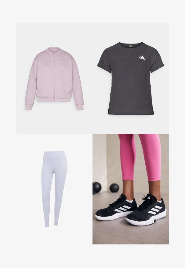 Zimná bombera s podšívkou v svetloružovej farbe, s textúrovaným prešívaným dizajnom, zipsom vpredu, rebrovanými manžetami a decentným logom na ľavej hrudi.; Tričko s krátkym rukávom pre šport, tmavosivé s perforovanou textúrou. Obsahuje biele logo a kontrastné bočné pruhy. Okrúhly výstrih.; Svetlofialové legíny vyrobené z elastického materiálu. Vysoký pás s hladkou textúrou a bez viditeľných švov alebo vzorov.; Čierne atletické topánky s bielymi pruhmi, textúrovaný sieťovaný zvršok a biela podrážka. Nosené s ružovými legínami, ukazujúce tréningové oblečenie.