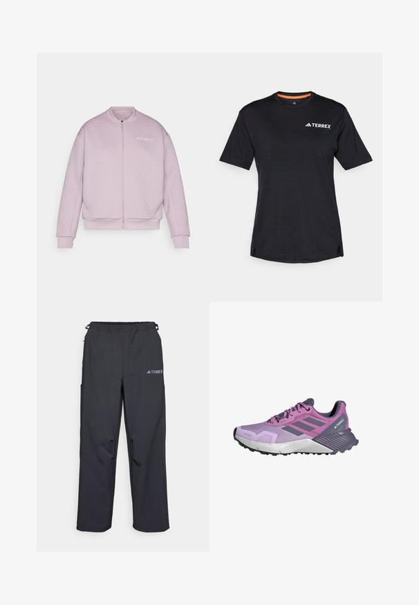 Gepolsterte Bomberjacke in Hellrosa mit einer strukturierten, gesteppten Optik, Reißverschluss vorne, gerippten Bündchen und einem dezenten Logo auf der linken Brust.; Schwarzes Kurzarm-T-Shirt mit Rundhalsausschnitt, das eine dezente melierte Textur aufweist und ein weißes "TERREX"-Logo auf der oberen linken Seite hat.; Schwarze, leichte Outdoor-Hosen mit elastischem Bund, Seitentaschen und einem Logo am oberen rechten Bein. Glattes, wasserabweisendes Material.; Leichtgewichtiger Trailrunningschuh in Lila und Grau. Verfügt über ein Mesh-Obermaterial, einen gepolsterten Kragen und eine strukturierte Gummisohle für Grip.
