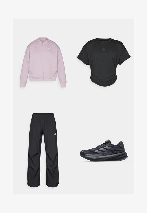 Padded bomber jacket in light pink, featuring a textured, quilted design, zip front, ribbed cuffs, and a subtle logo on the left chest.; Black athletic t-shirt with short sleeves, round neckline, and a slightly gathered hem. Features a subtle dark logo on the chest.; Black, lightweight, waterproof pants with an elastic waistband, side pockets, and adjustable cuffs. Features a white logo on the left thigh.; Black athletic shoe with a textured mesh upper, reflective accents, cushioned sole, and a streamlined design. Features three stripe logo.