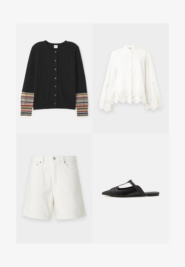 Black cardigan with buttons down the front, featuring striped accents in various colors on the sleeves. Made from soft, textured fabric.; White long-sleeve button-up shirt with lace trim on cuffs and hem, featuring a mandarin collar and subtle decorative stitching.; White denim shorts with a straight cut, five-pocket design, front button closure, silver hardware, and stitched detailing.; Black leather slingback shoe with a pointed toe, featuring a woven accent and pleated upper design. Flat sole with minimal hardware.