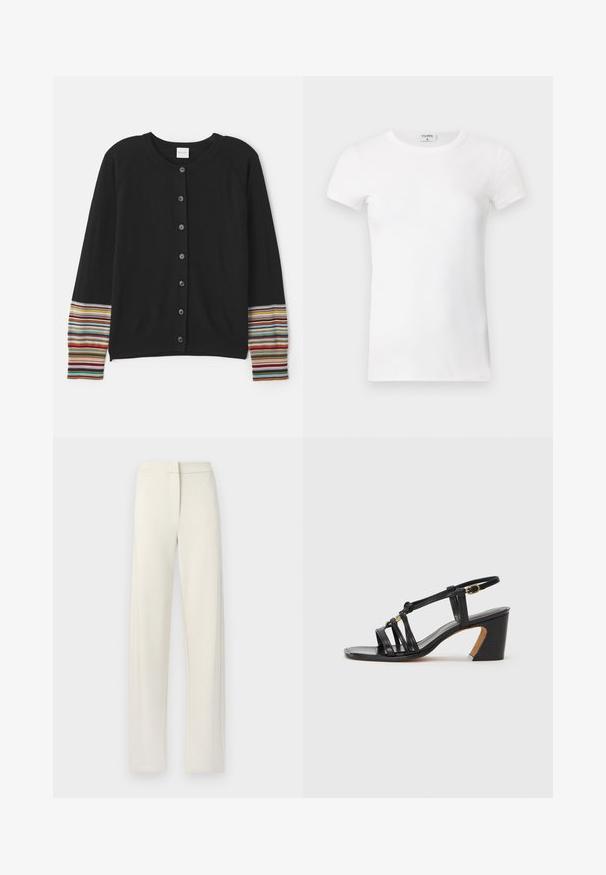 Black cardigan with buttons down the front, featuring striped accents in various colors on the sleeves. Made from soft, textured fabric.; White ribbed short-sleeve T-shirt with a crew neck. The fabric appears smooth with a fitted silhouette. Branding label visible at the collar.; Cream-colored, wide-leg trousers made of soft fabric, featuring a flat front, side pockets, and stitched detailing along the seams.; Paul Smith AMIRA - Classic heels - black