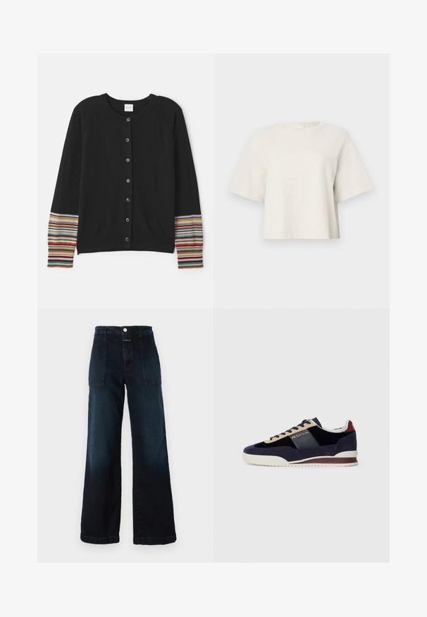 Schwarze Strickjacke mit Knöpfen vorne, die an den Ärmeln gestreifte Akzente in verschiedenen Farben aufweist. Hergestellt aus weichem, strukturiertem Stoff.; Cremfarbener, gekürzter T-Shirt aus Rippstoff, mit rundem Ausschnitt und kurzen Ärmeln in lockerer Passform.; Dunkelblaue weit geschnittene Jeans aus Denim mit hoher Taille, Fronttaschen und einem vorderen Knopfverschluss. Glatte Textur mit leichtem Verblassen.; Marineblaue Wildledersneaker mit beige und dunkelblauen Akzenten. Verfügt über eine weiße Gummisohle und goldene Markierung an der Seite. Klassisches sportliches Design.