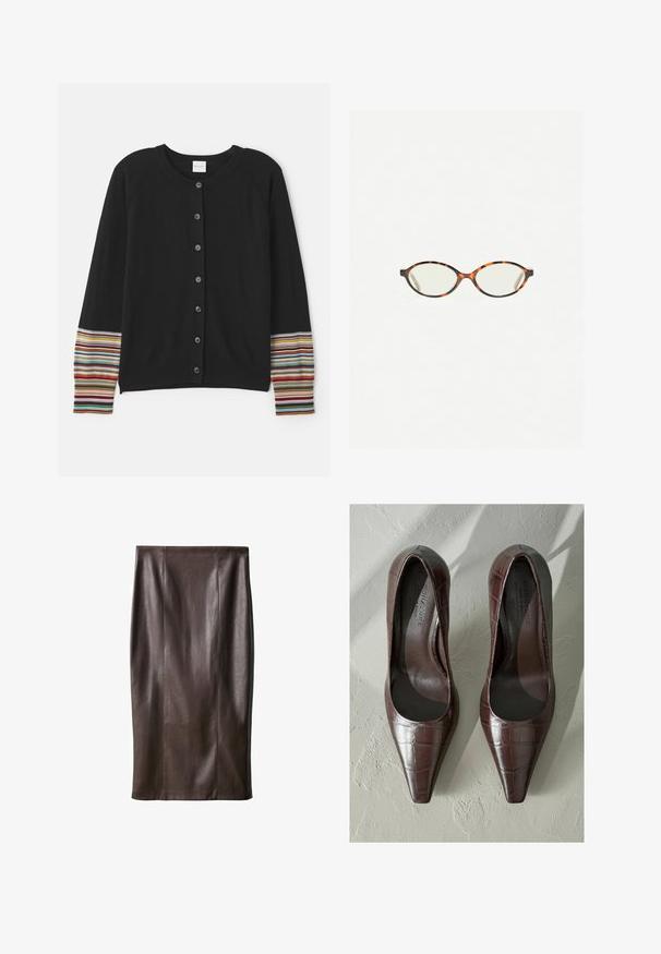 Černý cardigan s knoflíky vpředu, s proužkovanými akcenty v různých barvách na rukávech. Vyrobeno z měkké, strukturované tkaniny.; Hnědé tričko s krátkým rukávem a kulatým výstřihem, jednoduchý design s žebrovaným límcem, označeno značkou Massimo Dutti na límci.; Hnědá kožená sukně na tužku se hladkou strukturou, délka po kolena, s vertikálními švy pro design. Žádné další kovové prvky nebo akcenty.; Hnědé lakované lodičky s špičatou špičkou, se strukturou krokodýlí kůže a hladkým interiérem. Navrženo pro elegantní vzhled.; Želvovinové brýle s oválnými čočkami a hladkým, jemným povrchem. Má tenké bočnice s jemným zakřivením v chrámcích. Čiré čočky.