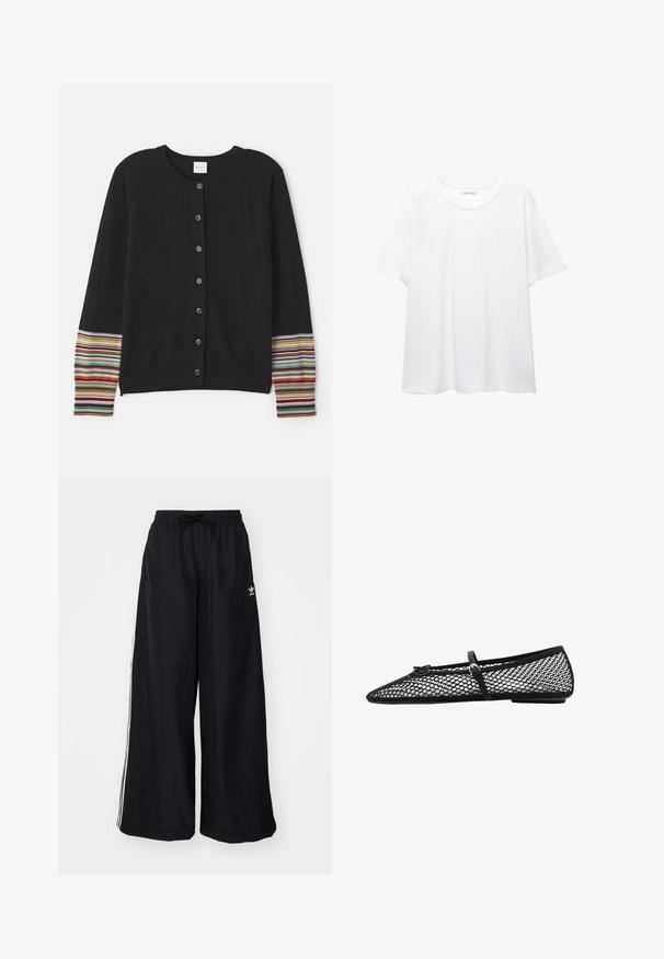 Svart cardigan med knappar fram, med randiga detaljer i olika färger på ärmarna. Tillverkad av mjukt, texturerat tyg.; En enkel vit t-shirt i bomull med rund halsringning, korta ärmar och en avslappnad passform. Slät textur utan mönster eller detaljer.; Svarta vida byxor i lättviktsmaterial. Har resårmidja med dragsko och vita sidostreck. Varumärkeslogotyp på höften.; Svart nätballerina med spetsig tå, dekorativ rem och subtil accent. Har en öppen nätdesign och platt sula.