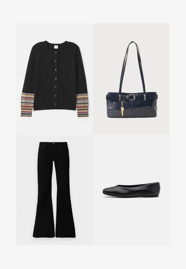 Černý cardigan s knoflíky vpředu, s proužkovanými akcenty v různých barvách na rukávech. Vyrobeno z měkké, strukturované tkaniny.; Černé tričko s krátkým rukávem vyrobené z bavlny, s kulatým výstřihem a malým logem na levé straně hrudi. Hladká textura a uvolněný střih.; Černé zvonové džíny vyrobené z denimu, s klasickým pětipocket designem, zapínáním na knoflík a jemnými švy podél švů.; Paul Smith TOPANGA - Klasické baleríny - black; Námořnická kožená kabelka s dvěma dlouhými uchy, detaily s přezkou a připevněným klíčenkou. Vyznačuje se hladkým povrchem a obdélníkovým tvarem.