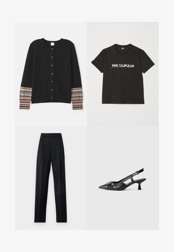 Schwarze Strickjacke mit Knöpfen vorne, die an den Ärmeln gestreifte Akzente in verschiedenen Farben aufweist. Hergestellt aus weichem, strukturiertem Stoff.; Schwarzes Baumwoll-T-Shirt mit kurzen Ärmeln, das ein gedrucktes weißes und graues "THE 2LOOK"-Design auf der Vorderseite zeigt. Klassischer Rundhalsausschnitt.; Schwarze Hosen aus glattem Stoff mit hoher Taille, weitem Bein, vorderen Falten und klassischen Gürtelschlaufen. Keine sichtbaren Seitentaschen.; Schwarzer Leder-Slingback-Schuh mit spitz zulaufender Zehenpartie, dekorativen Riemen mit METALLÖSEN und niedrigem Blockabsatz. Strukturelle Oberfläche.