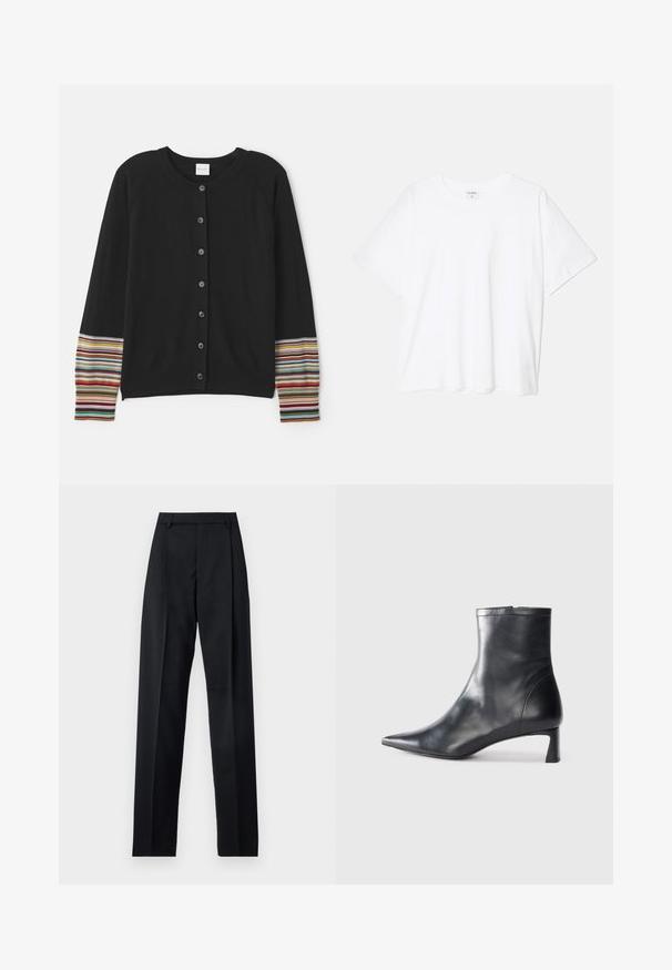 Black cardigan with buttons down the front, featuring striped accents in various colors on the sleeves. Made from soft, textured fabric.; White cotton t-shirt with short sleeves, round neckline, relaxed fit, and stitched hem. Label visible on the inside neck.; Black trousers made from smooth fabric featuring a high waist, wide legs, front pleats, and classic belt loops. No side pockets visible.; Black leather ankle boot with a pointed toe and a sleek design. Features a low heel and a zipper closure at the back. Smooth texture.