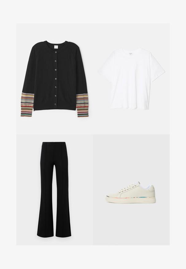 Cardigan nero con bottoni sul davanti, caratterizzato da accenti a righe di vari colori sulle maniche. Realizzato in tessuto morbido e testurizzato.; T-shirt bianco in cotone con maniche corte, scollo rotondo, vestibilità comoda e orlo cucito. Etichetta visibile all'interno del colletto.; Pantaloni neri a zampa d'elefante con vita alta, realizzati in tessuto elastico. Presentano dettagli di cucitura verticale nella parte anteriore e una texture liscia.; Sneaker bassa color avorio con design a lacci, fodera interna bianca e sottile bordatura multicolore lungo il bordo della suola, vista laterale.