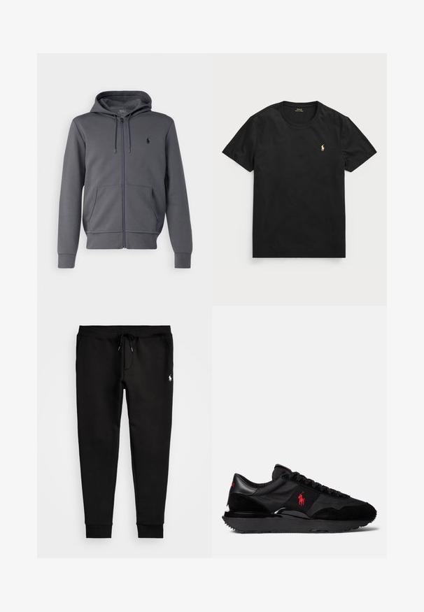 Polo Ralph Lauren FULL ZIP HOODIE - Jaka ar rāvējslēdzēju - charcoal grey; Melna īsām piedurknēm t-kreklā, izgatavota no kokvilnas, ar apaļu kakla izgriezumu, ar nelielu zelta polo logo kreisajā krūšu daļā.; Melnas sporta bikses, kas izgatavotas no mīksta auduma, ar aukliņu jostasvietā, pieguļošiem piedurkņu galiem un mazu baltu logo uz kreisās kājas.; Melni sporta apavi, kas izgatavoti no zamšas un tekstila materiāliem. Ievērojams sarkans logo akcentu un strukturēta gumijas zole.