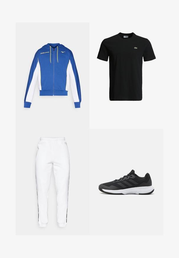 Felpa blu con zip, maniche bianche e dettagli gialli, dotata di cappuccio. Presenta il logo Mizuno sul petto e dettagli a zip in contrasto.; T-shirt in cotone nero con colletto rotondo, maniche corte e un piccolo logo di coccodrillo verde sul lato sinistro del petto. Texture liscia, design casual.; Pantaloni della tuta bianchi con cintura elastica, caratterizzati da strisce laterali nere e polsini. Realizzati in tessuto morbido con una texture liscia.; Scarpa da ginnastica nera con parte superiore texturizzata, tre strisce orizzontali e una suola bianca con battistrada a motivo. Design leggero e aerodinamico.